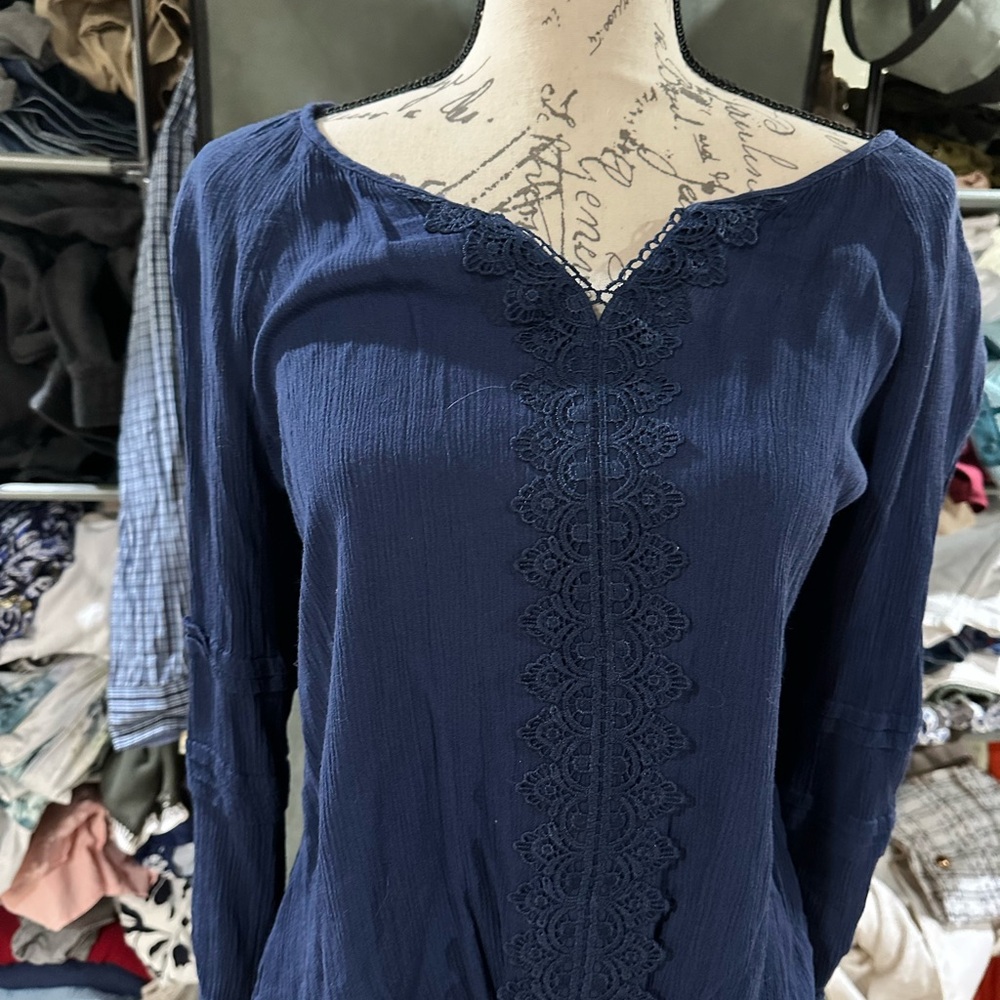 Navy Blue Women's Top with Lace Detail